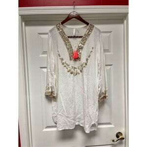 La Moda White & Gold Sequin Tunic Tassel Beach Cover Up sz L/XL NWOT